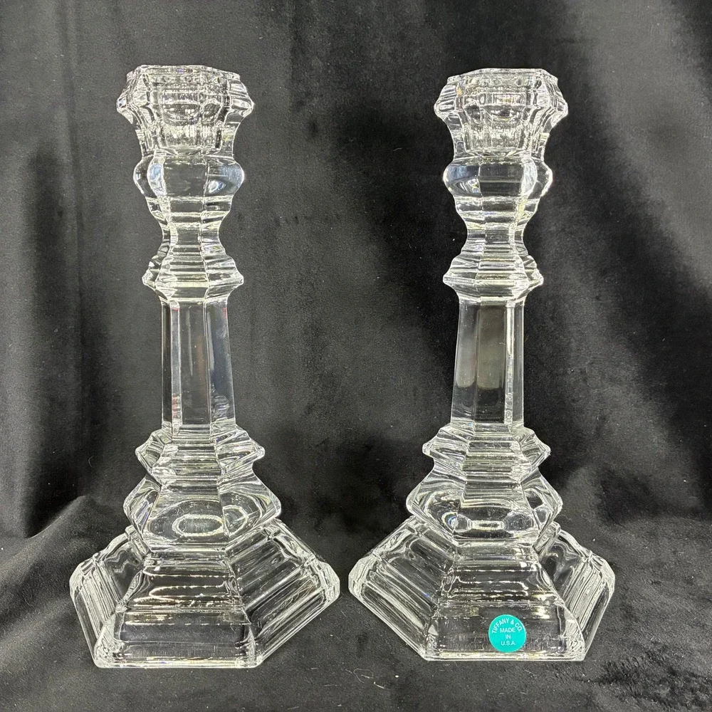 Tiffany & Co Crystal Glass Candlesticks Set of 2 Hexagonal Tiered 8 Inch USA